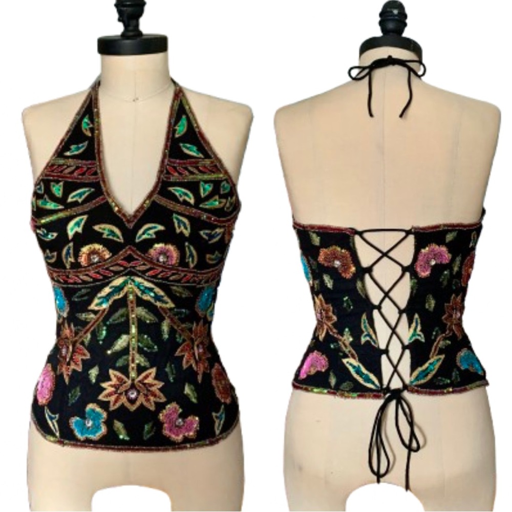 Vintage 100% Silk Floral Beaded Corset-Back Criss Cross Sequined Halter Top